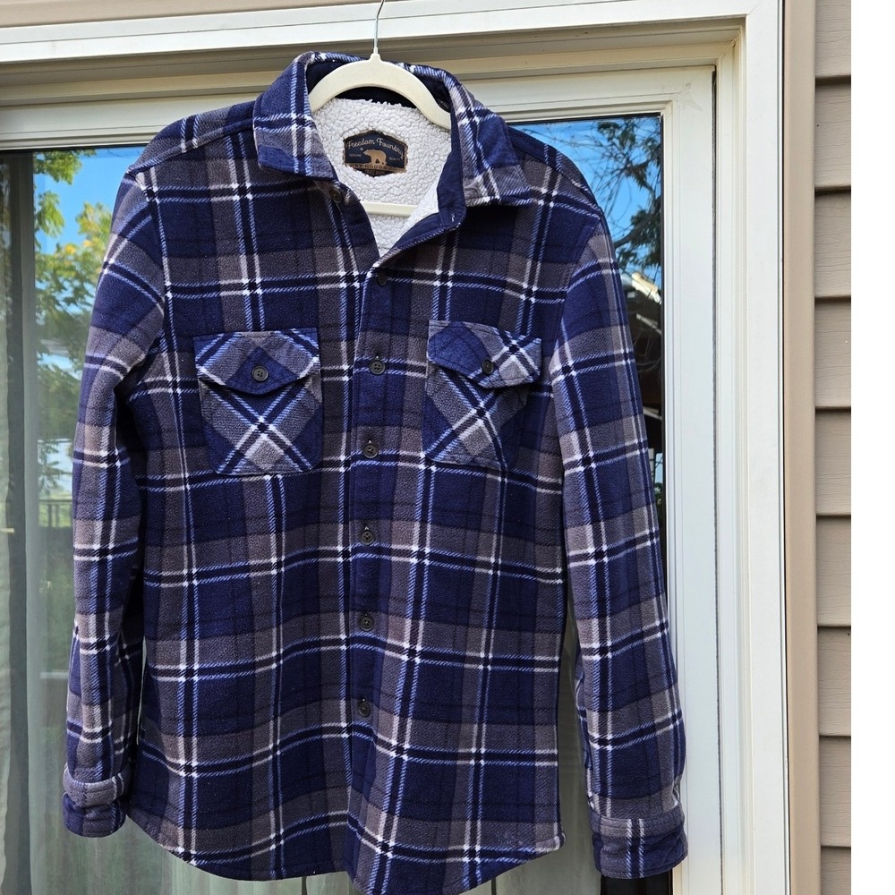 Freedom Foundry Mens Blue Plaid Fleece Sherpa Lined Flannel Shirt Jacket Medium